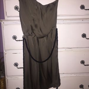 dark green satin one shoulder dress with tie belt